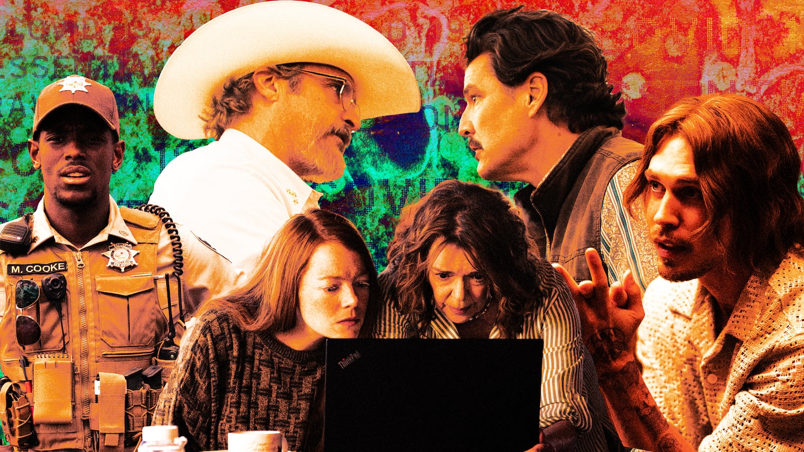 Micheal Ward, Joaquin Phoenix, Pedro Pascal, Emma Stone, Deirdre O'Connell, and Austin Butler in Eddington.