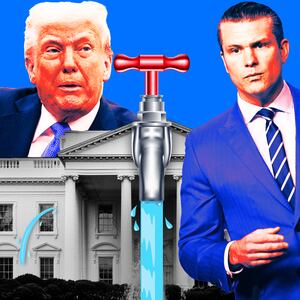 A photo illustration of Donald Trump and Pete Hegseth around a White House with water leaks.