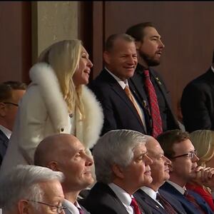 Rep. Marjorie Taylor Greene yells during the 2023 State of the Union speech.