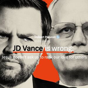 Vice President JD Vance and Pope Leo XIV on a red background with a tweet from then-Robert Prevost saying, "JD Vance is wrong"