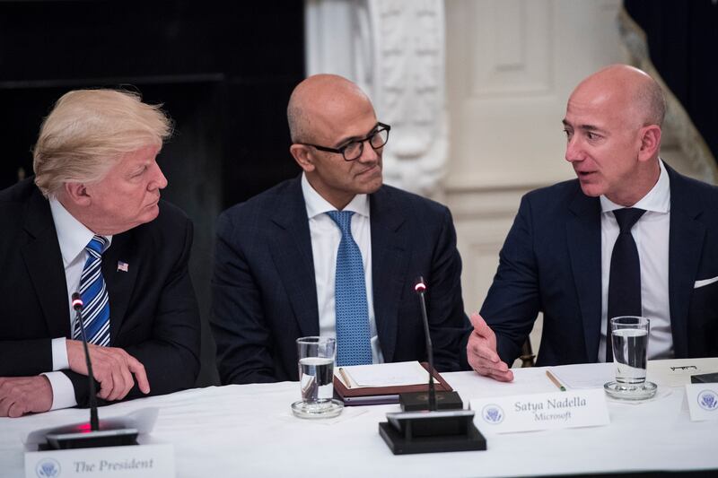 Donald Trump, Satya Nadella, and Jeff Bezos.