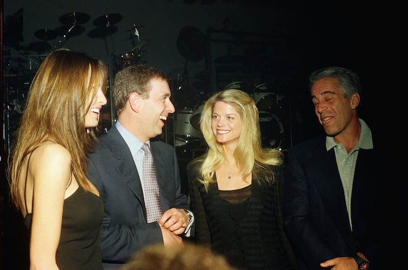 Melania Trump, Prince Andrew, Gwendolyn Beck, and Jeffrey Epstein at a party at Trump’s Mar-a-Lago club in 2000—an unidentified Epstein assistant wrote about meeting the British royal and other celebrities in the book.