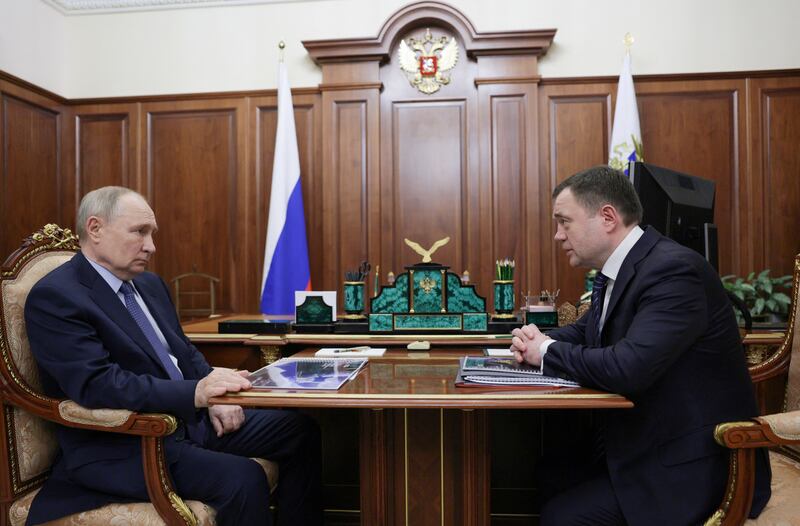 Putin meeting with the CEO of Promsvyazbank Pyotr Fradkov in Moscow today.