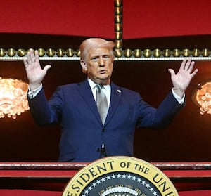US President Donald Trump stands in the presidential box as he tours the John F. Kennedy Center for the Performing Arts in Washington, DC, on March 17, 2025. Trump was appointed chairman of the Kennedy Center on February 12, 2025, as a new board of trustees loyal to the US president brought his aggressive rightwing, anti-"woke" stamp to Washington's premier arts venue. (Photo by Jim WATSON / AFP)