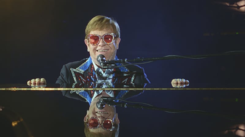 Elton takes a moment to enjoy his final concert tour performance at Dodger Stadium on Nov. 20, 2022.