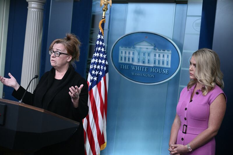 Patty Morin, mother of Rachel Morin, a Maryland mother-of-five who was killed by a Salvadoran man in 2023, speaks as White House Press Secretary Karoline Leavitt looks on during the daily press briefing at the White House.