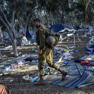An Israeli soldier patrols near Kibbutz Beeri in southern Israel.