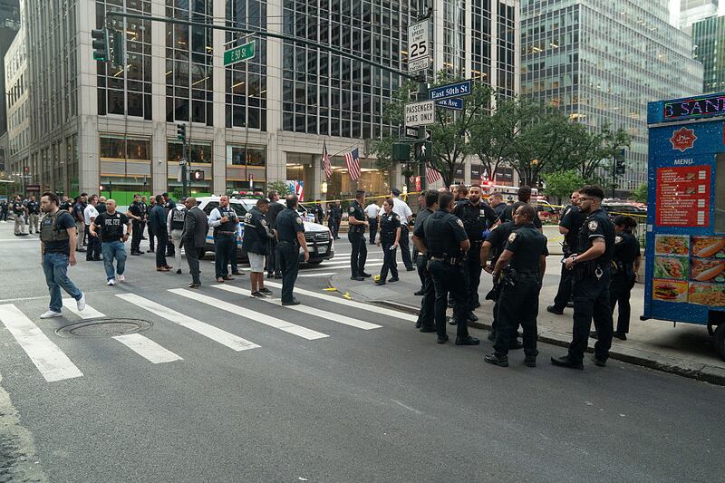 New York Police Department officers are pictured on the scene of an active shooter in Midtown Manhattan, Monday, June 28, 2025, in New York City. (Barry Williams/New York Daily News/Tribune News Service via Getty Images)