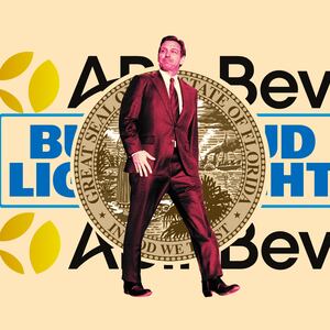 A photo illustration of Florida Governor Ron DeSantis with a background of AB InBev, Bud Light logo, and Florida state seal.