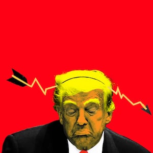 Donald Trump with a downward arrow going through his head
