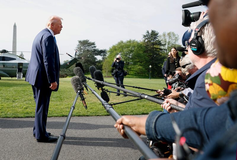 President Donald Trump speaks to the media as he departs the White House on April 25, 2025 in Washington, D.C.