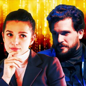 A photo illustration of Marisa Abel and Kit Harrington.