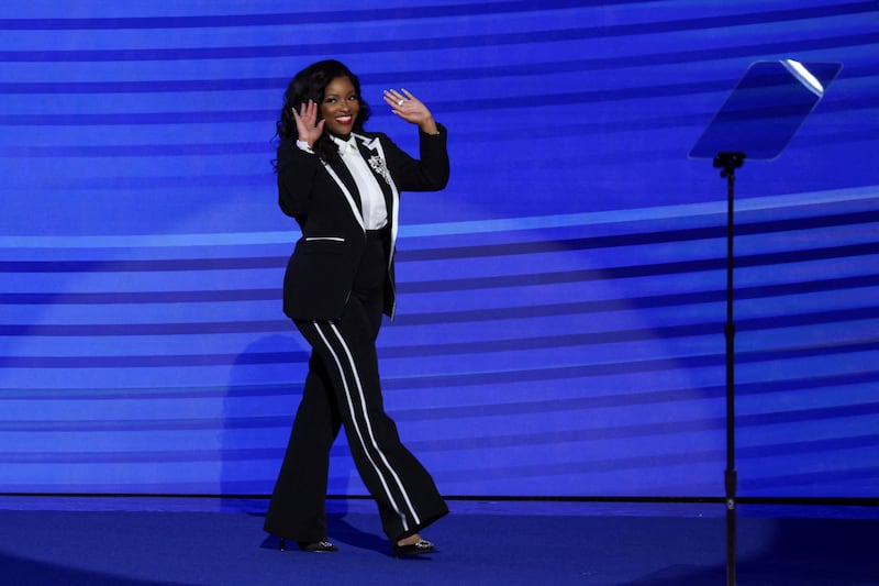 Rep. Jasmine Crockett (D-TX) takes to the stage during the first day of the 2024 Democratic National Convention at the United Center in Chicago on August 19, 2024.