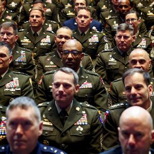 Members of the military attend a meeting convened by U.S. Defense Secretary Pete Hegseth, at Marine Corps Base Quantico, in Quantico, Virginia, U.S., September 30, 2025. REUTERS/Kevin Lamarque