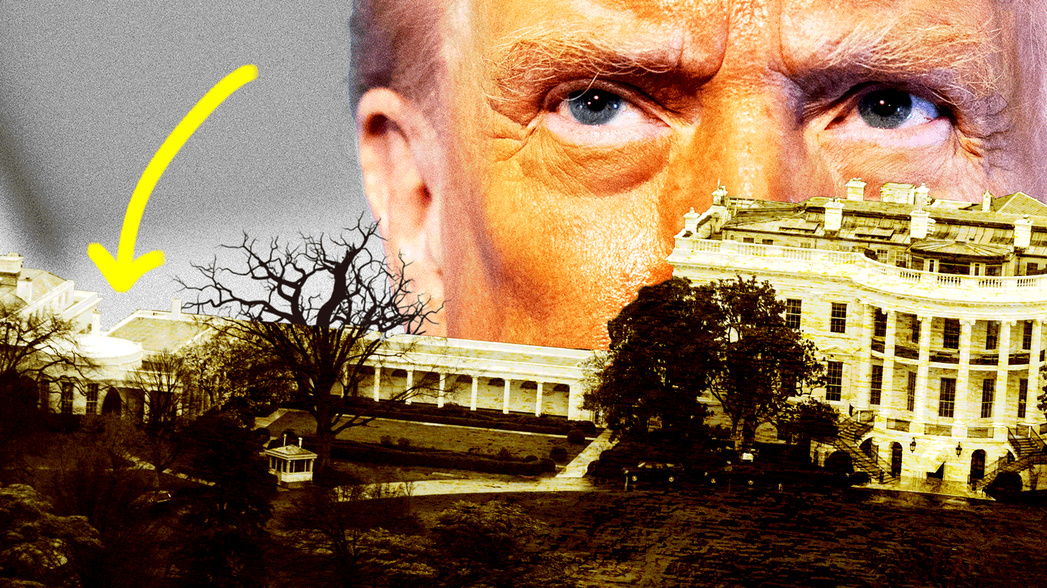 Donald Trump behind the White House with an arrow pointing out the Oval Office