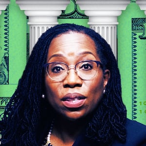 A photo illustration of Supreme Court Justice Ketanji Brown Jackson, marble court pillars in front of US dollars.