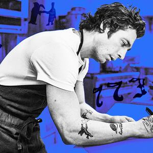 A photo illustration of Jeremy Allen White as Carmine in The Bear and his tattoos on the show.