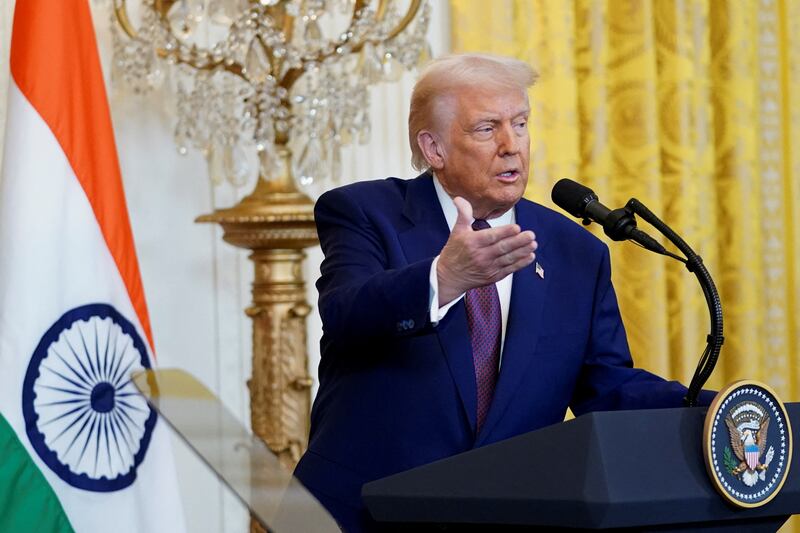 U.S. President Donald Trump speaks during a joint press conference with Indian Prime Minister Narendra Modi at the White House in Washington, D.C., U.S., February 13, 2025.