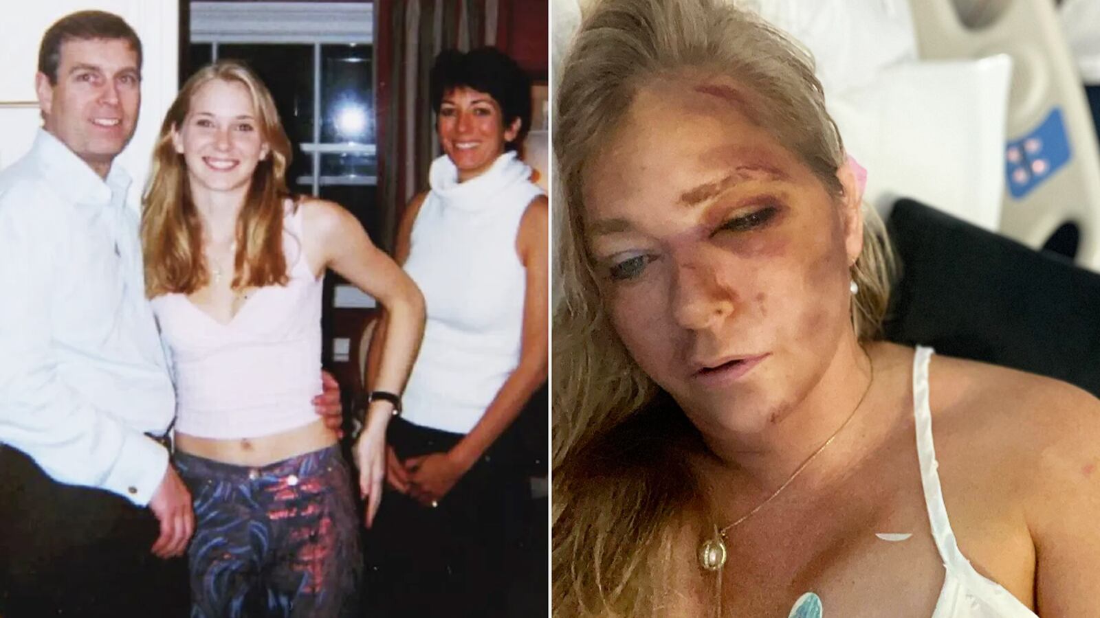 Virginia Roberts, Prince Andrew, Ghislaine Maxwell split image