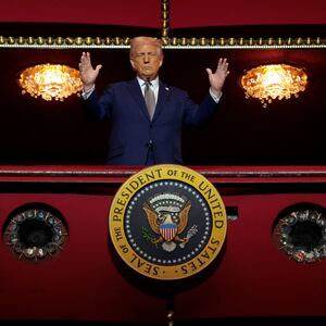 U.S. President Donald Trump looks down from the Presidential Box in the Opera House at the John F. Kennedy Center for the Performing Arts as he participates in a guided tour and leads a board meeting on March 17, 2025 in Washington, DC.