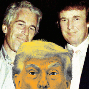 Donald Trump with a shocked face moving up and down in front of an image of him and Jeffrey Epstein