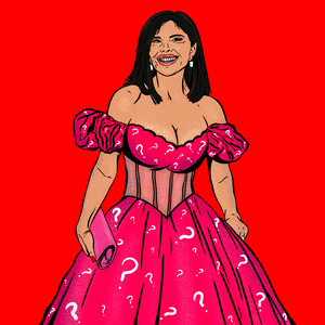 Illustrative gif of Lauren Sanchez wearing a ballgown with question marks all over it changing colors