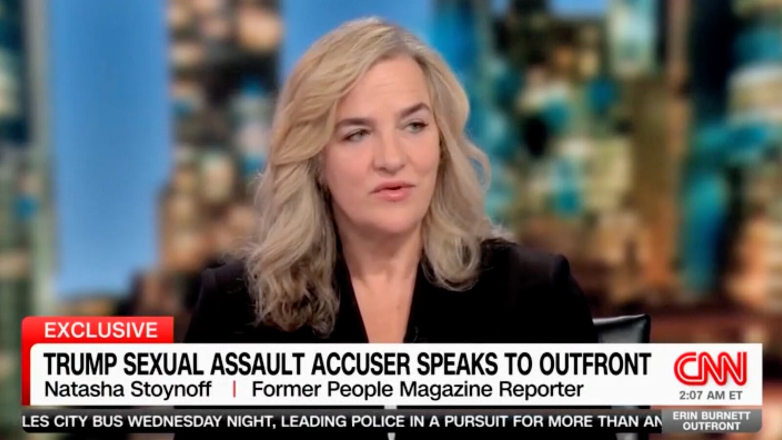 Natasha Stoynoff, a former People magazine journalist, appears on CNN’s Erin Burnett OutFront.