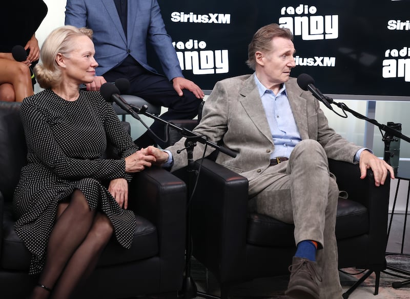 NEW YORK, NEW YORK - JULY 30: Pamela Anderson and Liam Neeson speak during SiriusXM's Town Hall with the cast of "The Naked Gun" hosted by Andy Cohen at SiriusXM Studios on July 30, 2025 in New York City.  (Photo by Cindy Ord/Getty Images for SiriusXM)