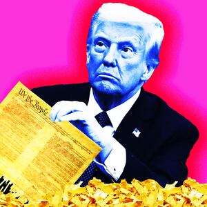 Donald Trump holding a shredded copy of the US Constitution, illustration