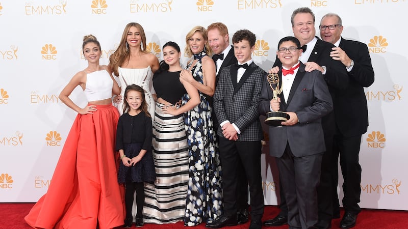 LOS ANGELES, CA - AUGUST 25:  Actresses Sarah Hyland, Sofía Vergara, Aubrey Anderson-Emmons, Julie Bowen and Ariel Winter, Jesse Tyler Ferguson, Nolan Gould, Rico Rodriguez, Eric Stonestreet and Ed O'Neill, winners of the Outstanding Comedy Series Award for "Modern Family" pose in the press room during the 66th Annual Primetime Emmy Awards held at Nokia Theatre L.A. Live on August 25, 2014 in Los Angeles, California.