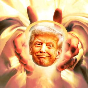 Donald Trump with a halo being held in the hands of a figure resembling God with clouds and a glow