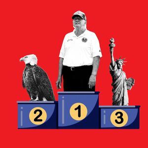 A photo illustration of a podium with a bald eagle in second place, teh statue of liberty in third, and Donald Trump in first.
