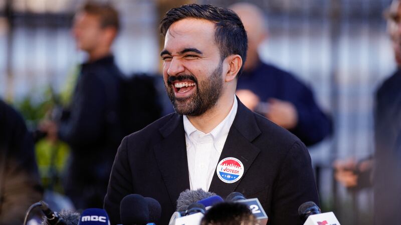 Democratic New York City mayoral candidate Zohran Mamdani speaks to the press after voting at a polling location at Frank Sinatra School of Arts in the Queens borough of New York City on November 4, 2025.