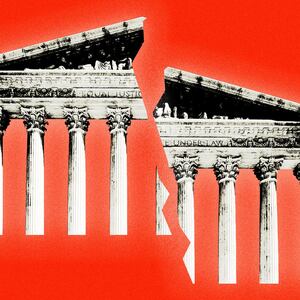 An illustration that includes images of SCOTUS, Supreme Court of The United States, for an article about its affirmative action ruling.