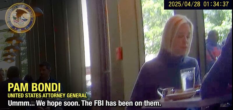 Still from video showing Pam Bondi talking about the Epstein files