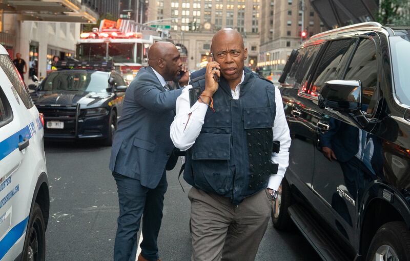 New York City Mayor Eric Adams is  pictured on the scene of an active shooter in Midtown Manhattan, Monday, June 28, 2025, in New York City.