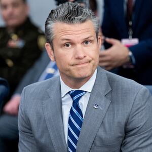 Defense Secretary Pete Hegseth attends a meeting with Bahrain Crown Prince Salman bin Hamad al-Khalifa to the Pentagon in Washington, DC, on July 17, 2025.