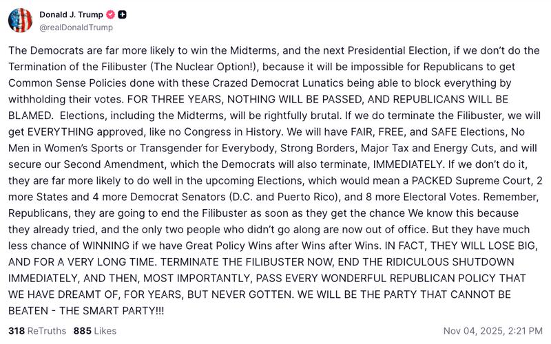 A screenshot of President Trump's rambling post calling for an end to the filibuster.