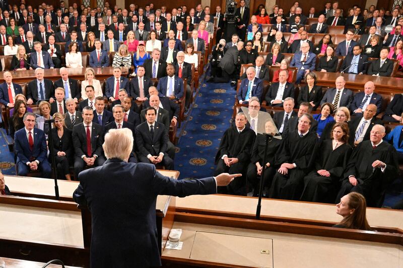 US President Donald Trump gestures as he speaks during an address to a joint session of Congress at the US Capitol in Washington, DC, on March 4, 2025.     MANDEL NGAN/Pool via REUTERS