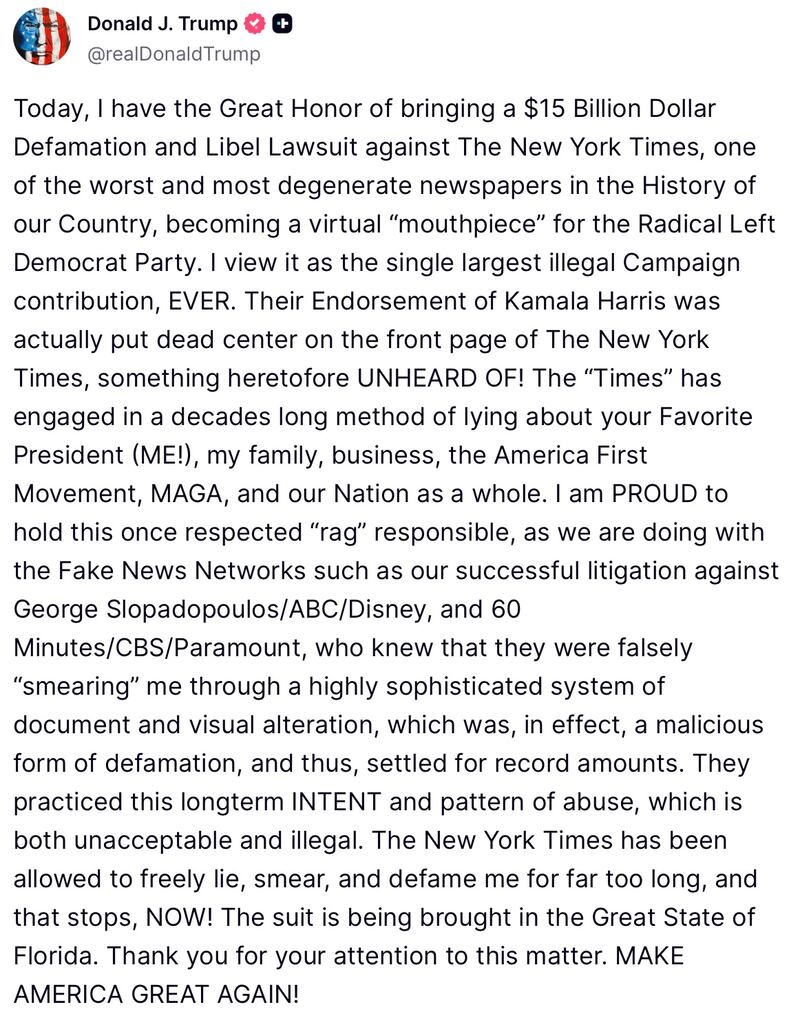 Donald Trump posts his latest lawsuit on Truth Social.