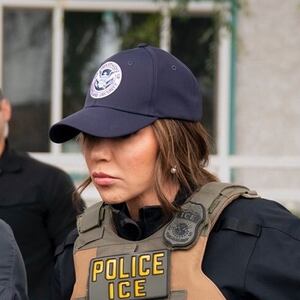 US Homeland Security Secretary Kristi Noem joins ICE operation as she accompanies numerous federal agents raid in Huntington Park, in Los Angeles, California on June 12, 2025.
