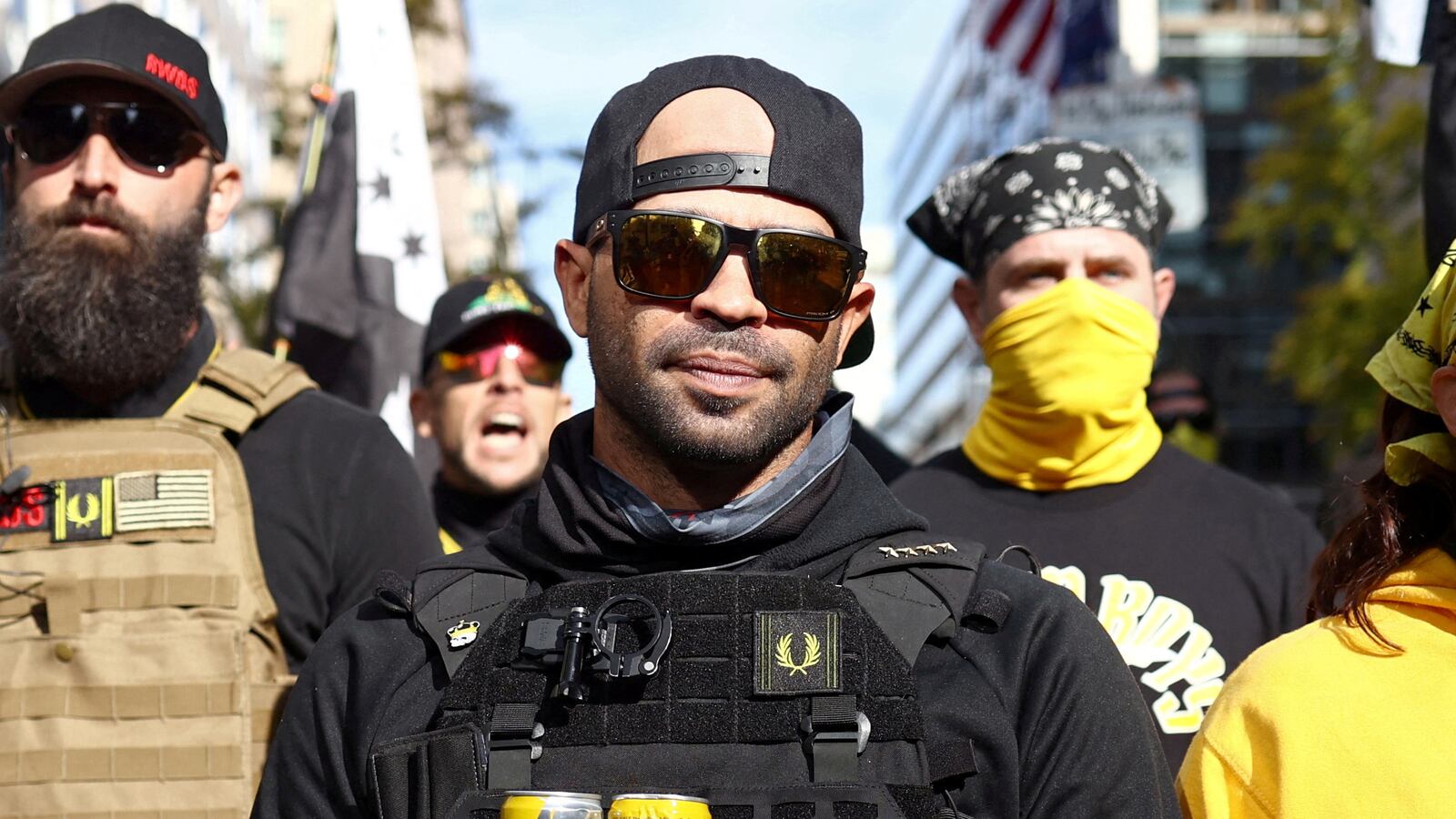 Members of the Proud Boys, including Enrique Tarrio (center)