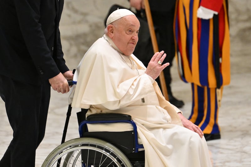 Pope Francis arrives for the weekly general audience at Paul-VI hall in The Vatican on February 5, 2025.