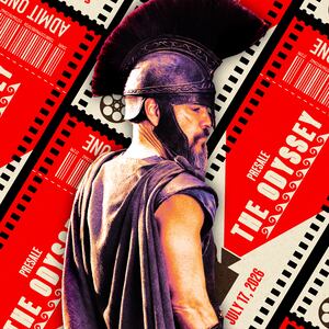 A photo illustration of Matt Damon in Christopher Nolan's The Odyssey to be released in 2026 in front of presale tickets for the film.