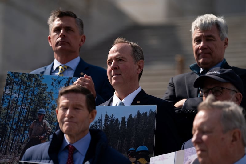 US Senator Adam Schiff, Democrat of California, attends a press conference outside the US Capitol ahead of President Donald Trump's joint address to Congress in Washington, DC, on March 4, 2025. (Photo by Allison ROBBERT / AFP) (Photo by ALLISON ROBBERT/AFP via Getty Images)
