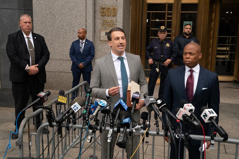 Mayor Eric Adams lawyer Alex Spiro speaks to the media alongside his client outside Manhattan Federal Court Friday, September 27, 2024 in Manhattan, New York. (Barry Williams for New York Daily News via Getty Images)