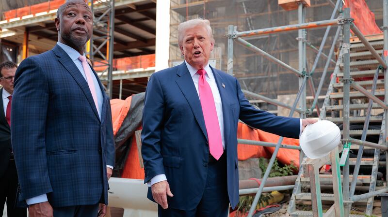 WASHINGTON, DC - JULY 24: U.S. President Donald Trump (R) delivers remarks alongside Sen. Tim Scott (R-SC) as they tour the Federal Reserve’s $2.5 billion headquarters renovation project on July 24, 2025 in Washington, DC. The Trump administration has been critical of the cost of the renovation and Federal Reserve Chairman Jerome Powell. (Photo by Chip Somodevilla/Getty Images)