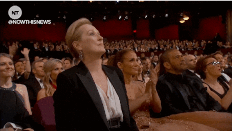 Gif of Meryl Streep cheering and clapping at the awards show.