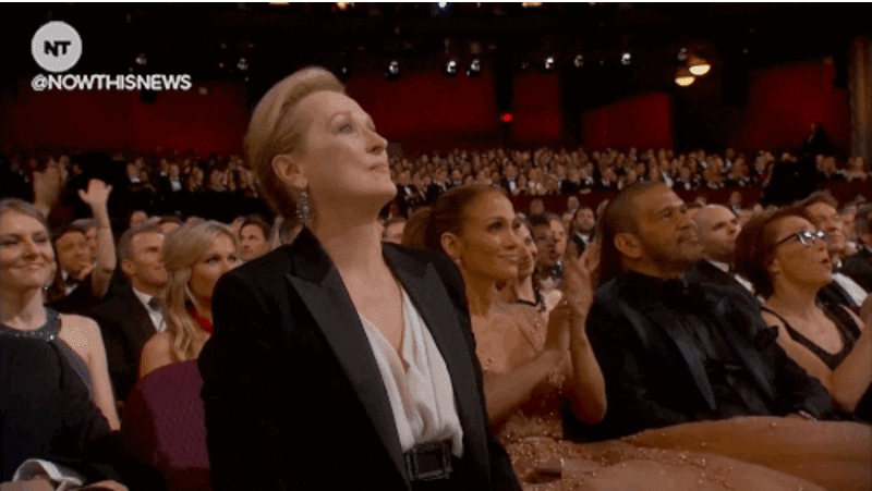 Gif of Meryl Streep cheering and clapping at the awards show.