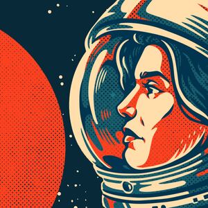 Illustration of a female astronaut over a planet with alien figures silhouetted on top